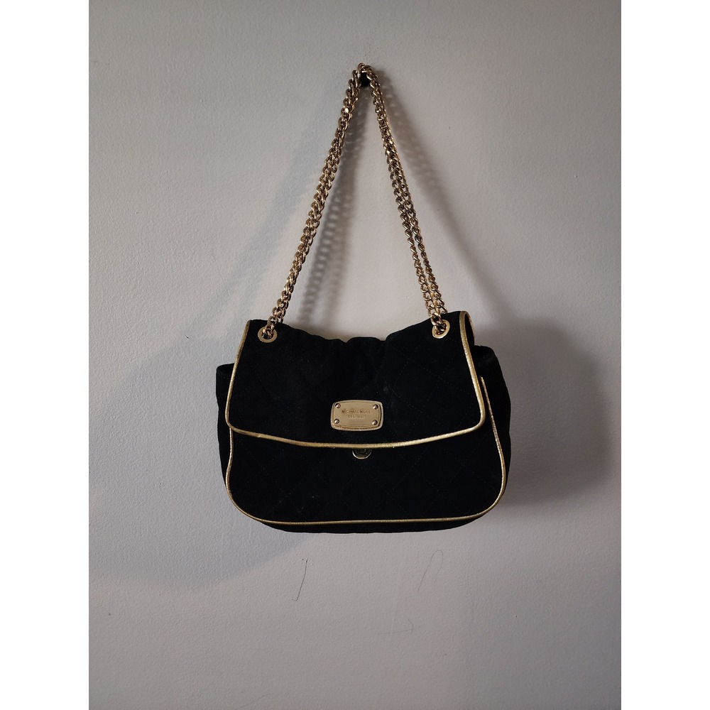 Michael Kors Black Quilted Suede Shoulder Bag Gold Chain Strap EST 1981